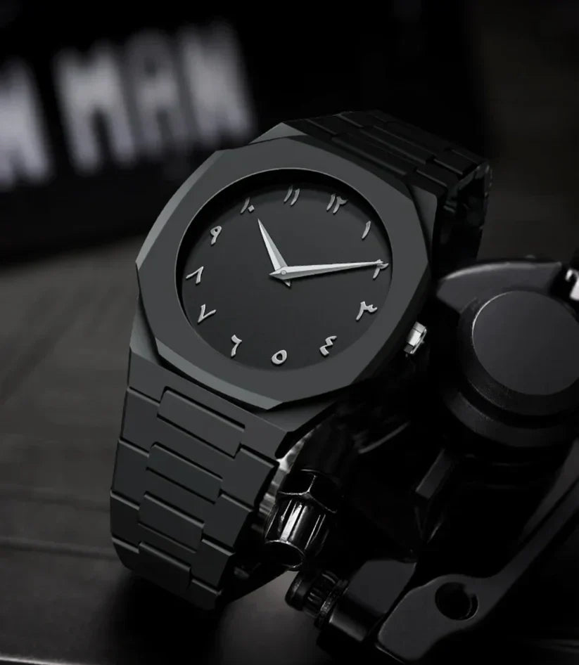 Black Minimalist Analog Wrist Aura Watch With Stainless Steel Strap And Butterfly Lock