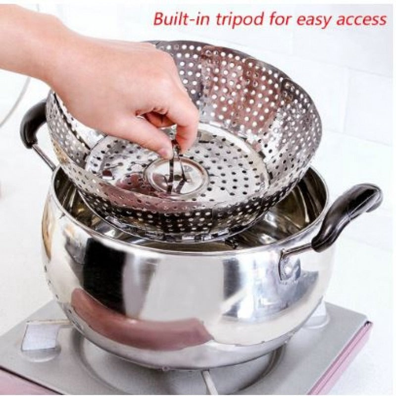 Multifunctional Stainless Cooking Steamer Foldable Kitchen Steamer Plate Anti-Scald Steamer Basket Deep Fryer Pot Strainer