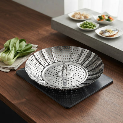 Multifunctional Stainless Cooking Steamer Foldable Kitchen Steamer Plate Anti-Scald Steamer Basket Deep Fryer Pot Strainer