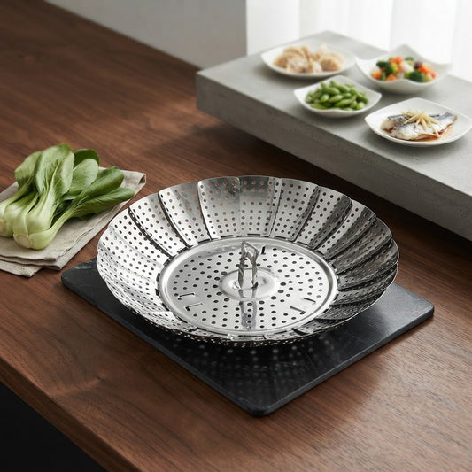 Multifunctional Stainless Cooking Steamer Foldable Kitchen Steamer Plate Anti-Scald Steamer Basket Deep Fryer Pot Strainer