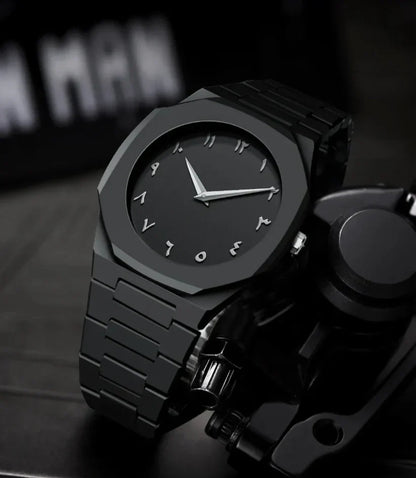 Black Minimalist Analog Wrist Aura Watch With Stainless Steel Strap And Butterfly Lock