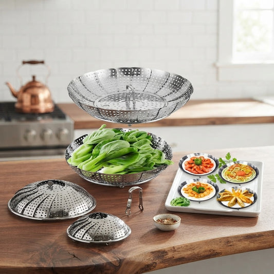 Multifunctional Stainless Cooking Steamer Foldable Kitchen Steamer Plate Anti-Scald Steamer Basket Deep Fryer Pot Strainer