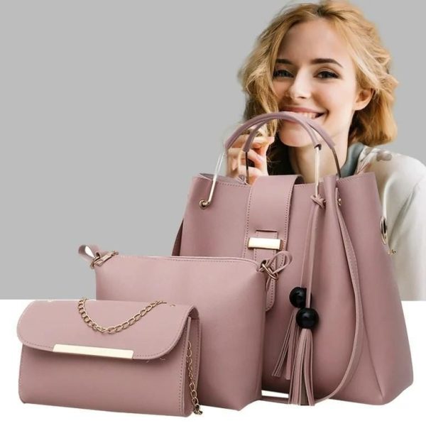 3 Pcs Women’s Leather Plain Hand Bag Set For Women Fashionable New Style Bags Shoulder Bag, Cross Body Bag & Hand Bag