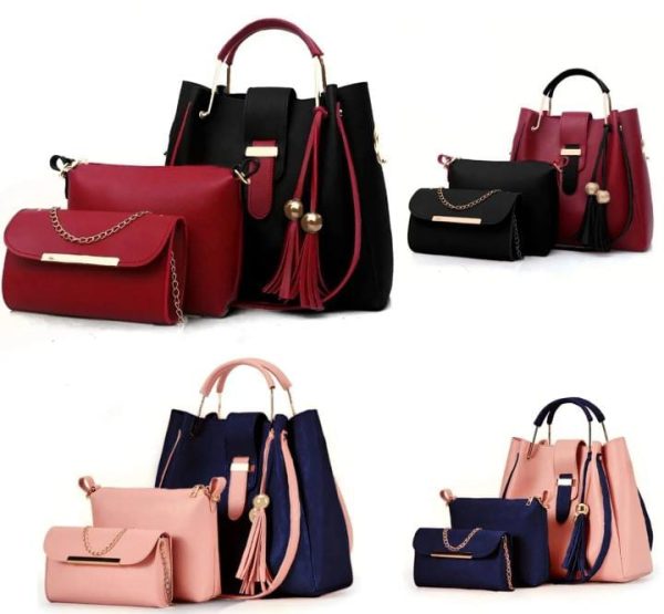 3 Pcs Women’s Leather Plain Hand Bag Set For Women Fashionable New Style Bags Shoulder Bag, Cross Body Bag & Hand Bag