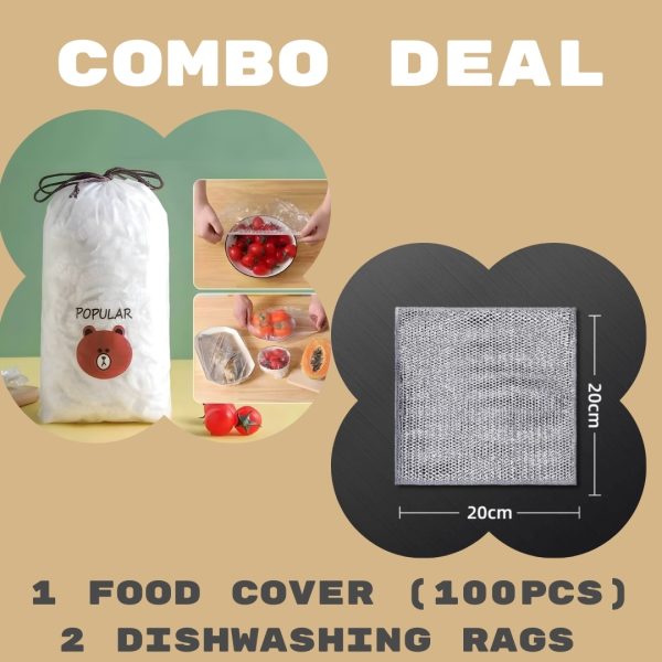 Combo Deal Disposable Food Cover Plastic Wrap 100 Pcs + 2 Pcs Dishwashing Rug | Reusable Elastic Food Storage Covers & Metal Wire Dish Washing Rugs For Kitchen