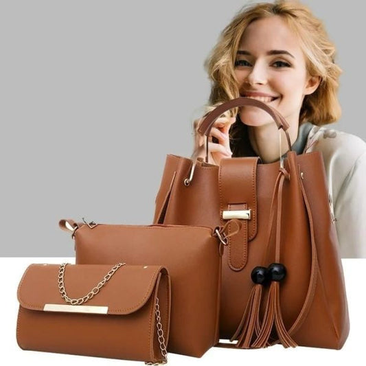 3 Pcs Women’s Leather Plain Hand Bag Set For Women Fashionable New Style Bags Shoulder Bag, Cross Body Bag & Hand Bag